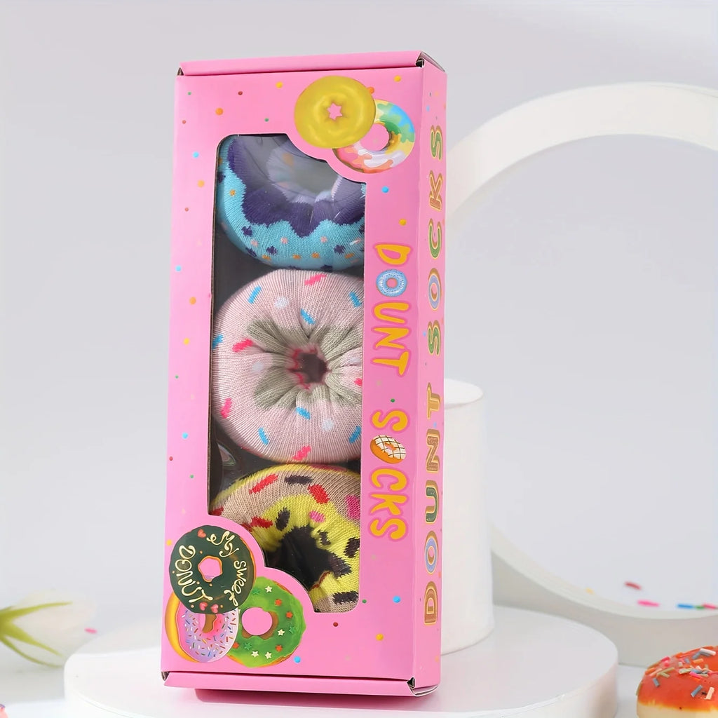 3 pairs of stylish, unique and interesting colorful donut pattern gift socks for men and women for all seasons