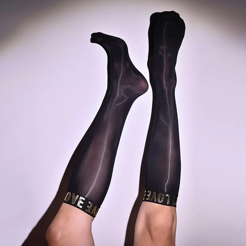 Sexy Men 8D Middle Socks Oil Glossy Ultra-Thin Stockings Silk Knee Socks Letter Business Shiny Long Socks Lingerie