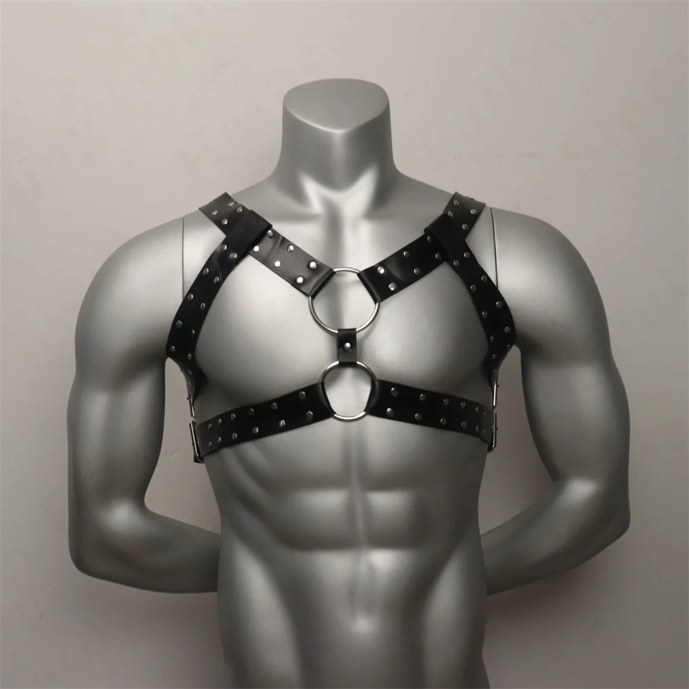 Leather Chest Harness Men with Armband Fetish Gay Body Bondage Cage BDSM Crossed Harness Belts for Men Punk Gothic Male Costumes