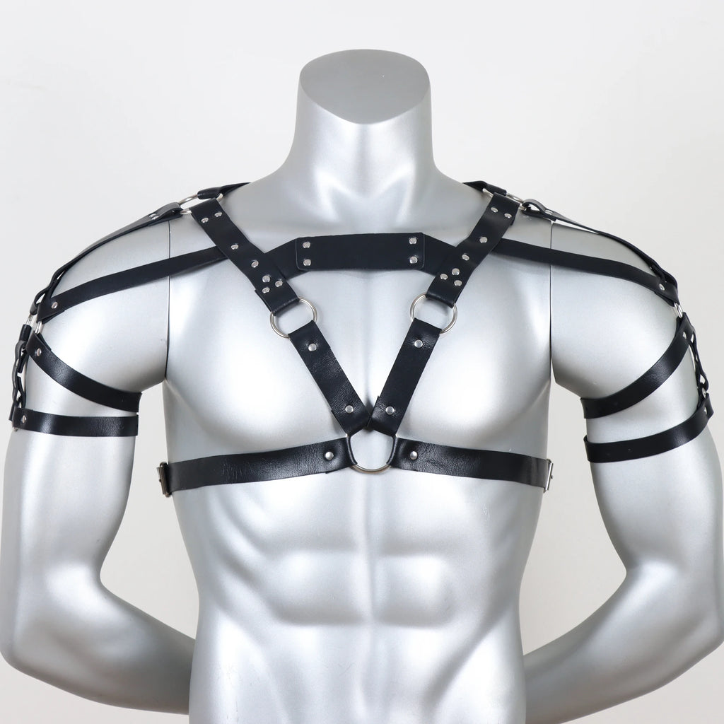 Men's Punk Waist Belt, Gothic Black Leather Chest Harness Adjustable With Buckles and O-Rings Costume Costume