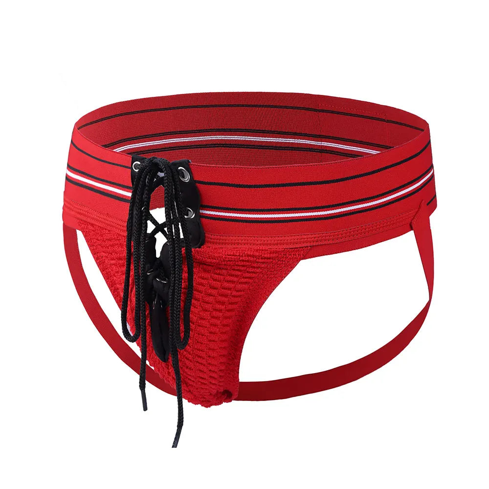 3 Inch Waistband Men's Athletic Supporter Jockstrap Sexy Strip Footballer Lace Up Gay Penis String Open Underwear LGBT Clubwear