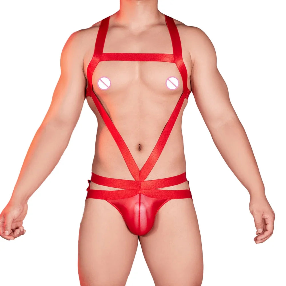 Mens Sexy Oil Shiny Hollowed Out Halter Neck Bodysuit Body Chest Harness Jumpsuits Underpants SM Erotic Smooth Male Bodysuits